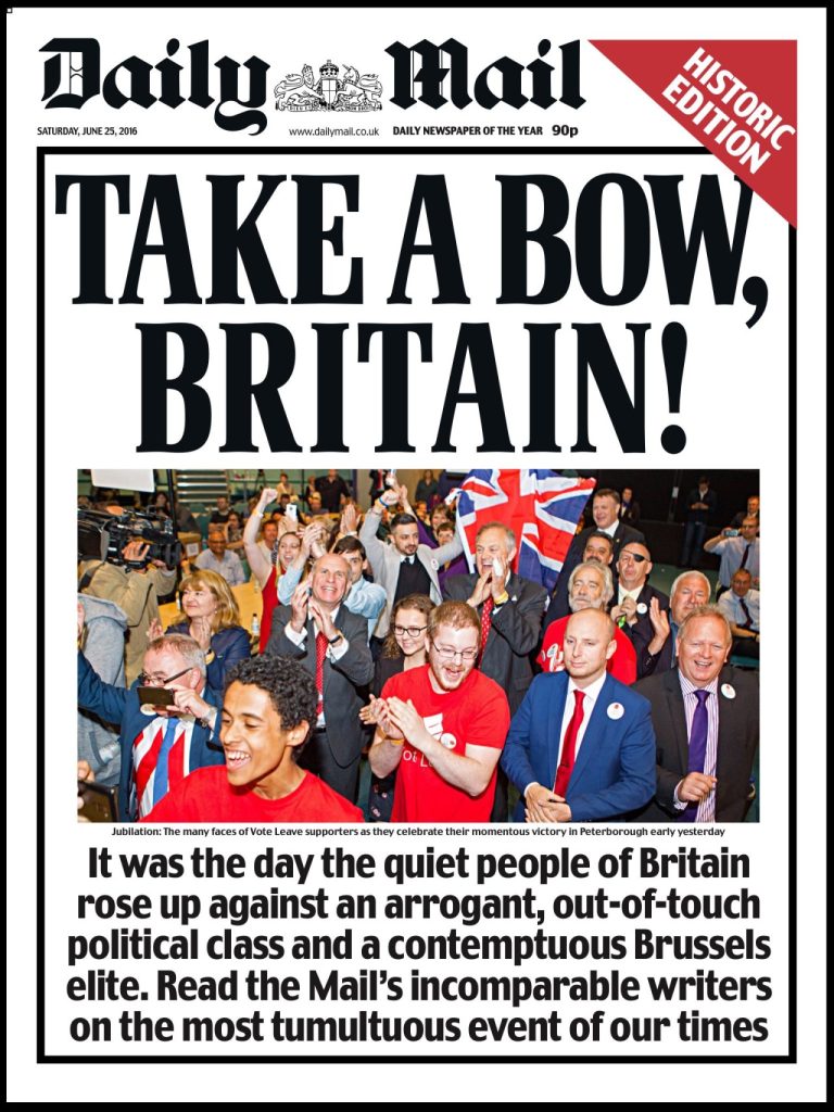 Front page of the daily mail from June 25 2016, celebrating the outcome of the EU referendum